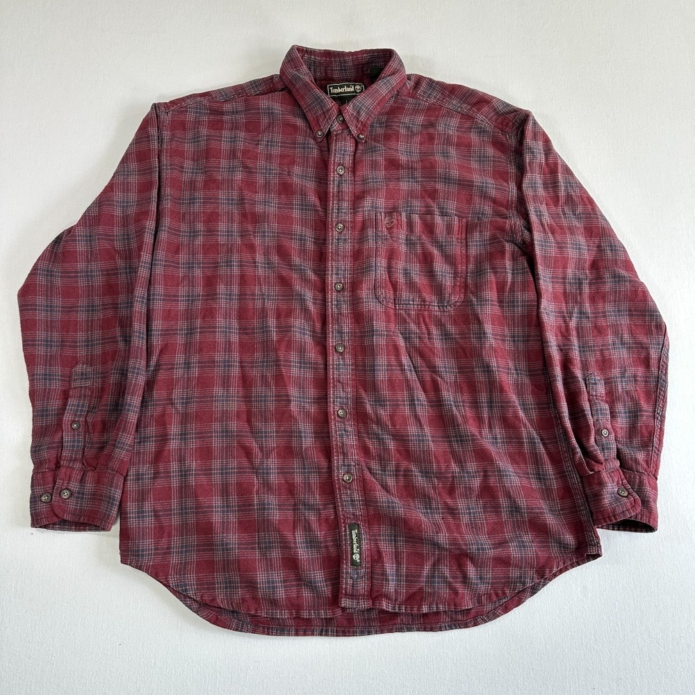 Timberland Mens Fleece Long Sleeve Shirt Button Up Size L Red Plaid
